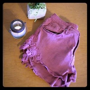 Dusty Rose Colored Floral High Rise Denim Shorts